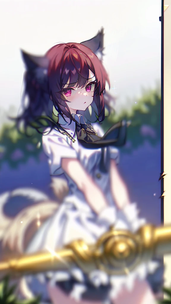 1girl ,20s,angry face,white shirt,short sleeves,(black standard tie),white school skirt,(red hair),long hair,fox ears,cowboy shot,forest,pastel \(medium\)