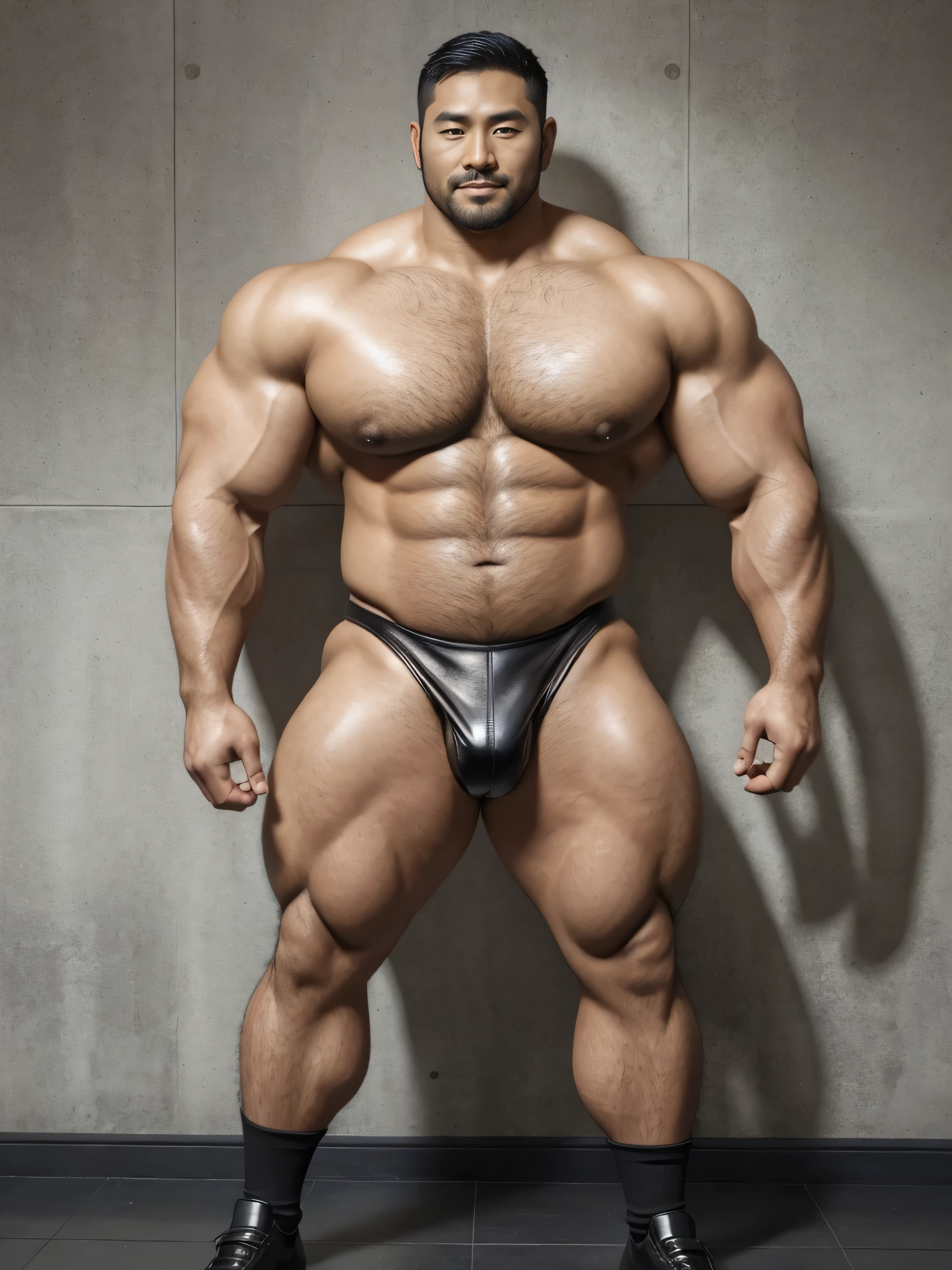 There is only one handsome Asian actor in the photo,35 years old,Tall, Fit body,short hair, O-Shaped Beard,Perfect body, Dark Skin,Radiant Skin,Smooth skin,No body hair,Muscle bulge, muscular, Very large pectoral muscles,Very sexy abdominal muscles,Very well-developed leg muscles,Huge concave and convex area,Brightens oily skin,Wearing black leather shiny thong,Handsome face, Correct and accurate male body proportions, Wear black leather socks,Standing in front of gray background wall。