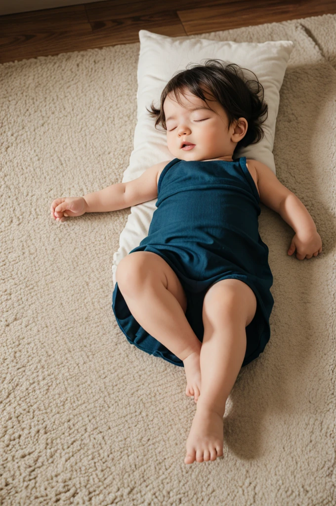 Small baby sleeping on floor with pillow