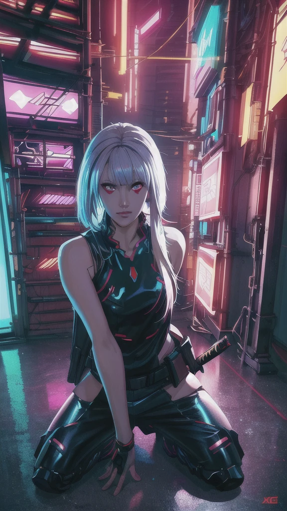Hyperrealistic version of a woman kneeling down with a sword in her hand, very beautiful cyberpunk samurai, anime cyberpunk art, cyberpunk samurai, cyberpunk anime art, anime cyberpunk, cgsociety 9, digital cyberpunk anime art, style of maciej kuciara.1girl, samurai armor, helmet oni evil mask,intricate, ornaments detailed, cold colors, metal, egypician detail, highly intricate details, realistic light, trending on cgsociety, glowing eyes, facing camera, neon details, ultra realistic details, portrait full body, japanese atmosphere, global illumination, shadows, octane render, 8k, ultra sharp.cool lolita. 