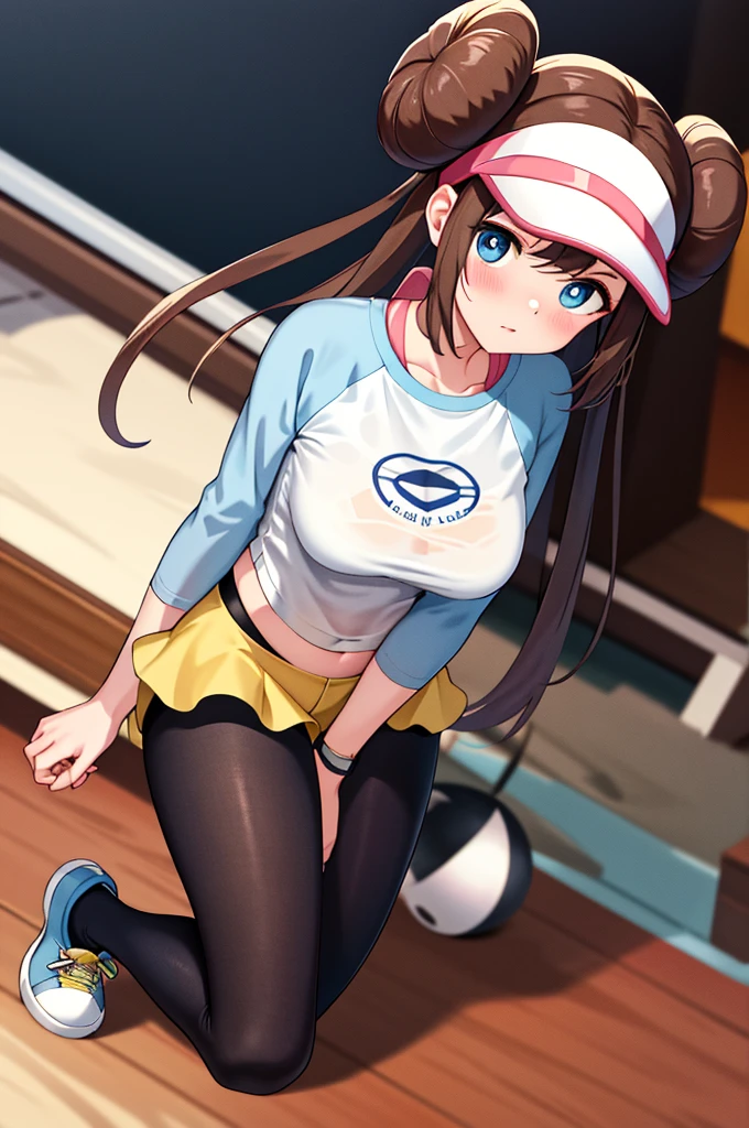 masterpiece, top-quality, hight resolution, RO1, Hair buns, blue eyess, Twin-tailed, Visor Cap, panthyhose, raglan sleeves, Yellow shorts, The shirt, Pink ribbon, Watches, Slouched, gym, crouching down, 30 denier soft-touch comfort tights, see -through, crouching down, Open legs, thighs thighs thighs thighs, Attractive thighs,large full breasts、red blush、full body Esbian、appealing breasts、Fluffy clotheetamorphosis、breastsout、teats、sexy tummy