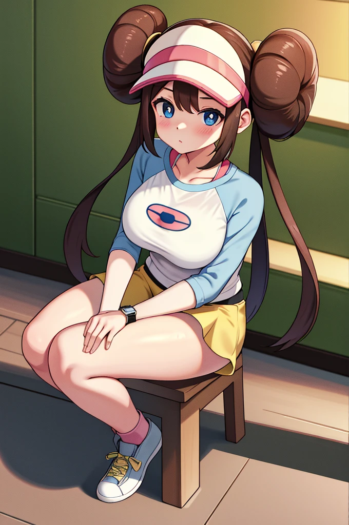 masterpiece, top-quality, hight resolution, RO1, Hair buns, blue eyess, Twin-tailed, Visor Cap, panthyhose, raglan sleeves, Yellow shorts, The shirt, Pink ribbon, Watches, Slouched, gym, crouching down, 30 denier soft-touch comfort tights, see -through, crouching down, Open legs, thighs thighs thighs thighs, Attractive thighs,large full breasts、red blush、full body Esbian、appealing breasts、Fluffy clotheetamorphosis、breastsout、teats、sexy tummy