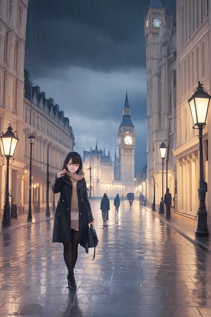 masterpiece , best quality , detailed,rain, night, london, city, one girl.