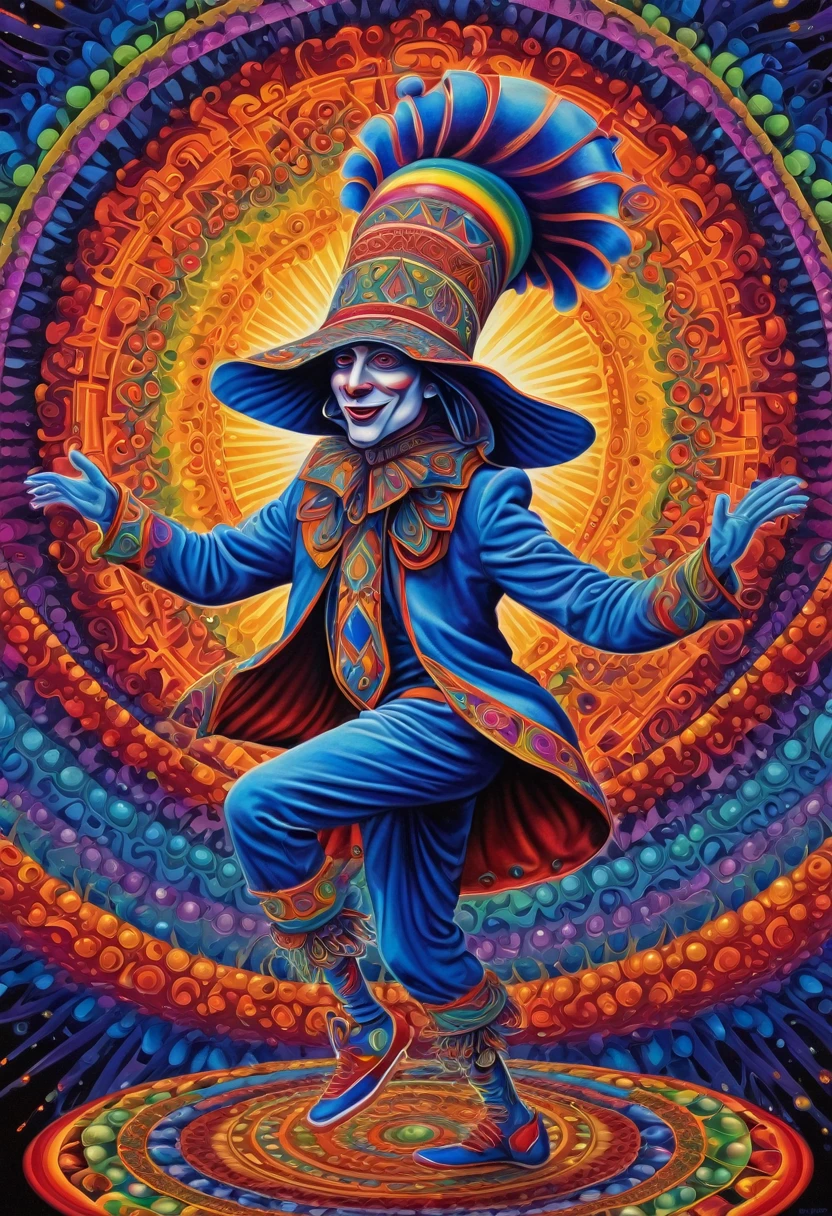 a jester wearing his cap and bells hat and dancing, colorful, surreal, psychedelic, center, detailed, geometric patterns, visionary art, shamanic, alex grey, dark colors, serious