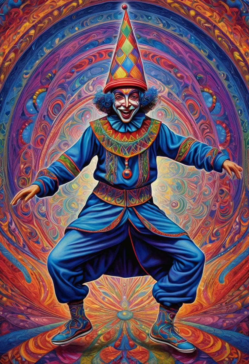 a jester wearing his cap and bells hat and dancing, colorful, surreal, psychedelic, center, detailed, geometric patterns, visionary art, shamanic, alex grey, dark colors, serious