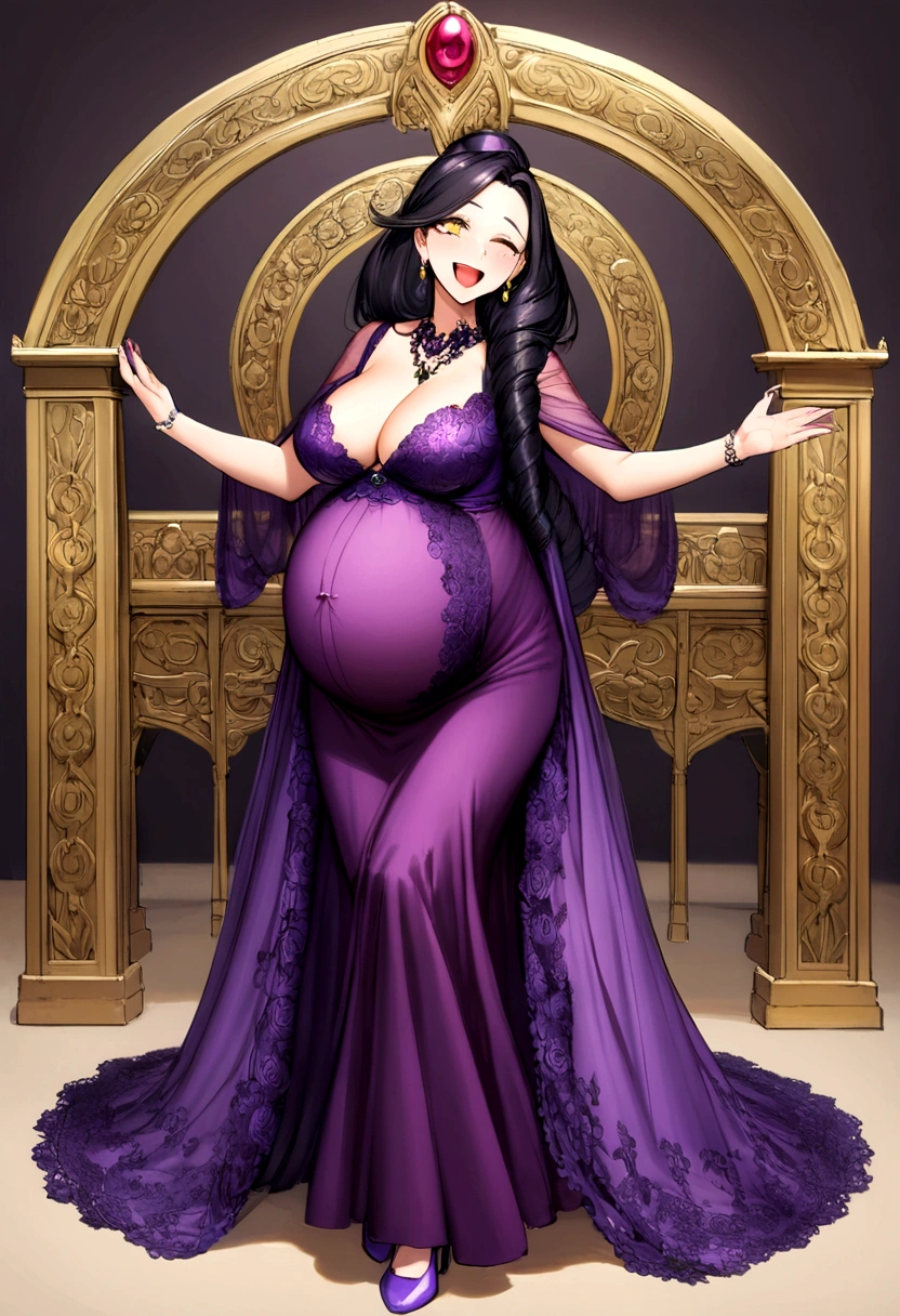 pregnant tall beautiful malicious mom with long black hair, yellow eyes, long purple dress, purple heels, happy