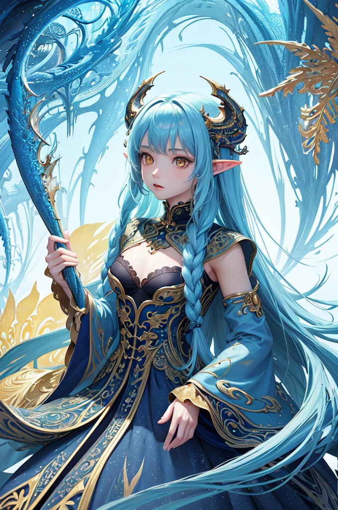 (masterpiece, top quality, best quality, official art, beautiful and aesthetic:1.2), (1girl), extreme detailed,(fractal art:1.3),colorful,highest detailed, cute young girl, light blue hair, long hair, small braids hair, yellow eyes, elf ears, dragon tail, dragon thorn, muscular body, small breast, light blue dress