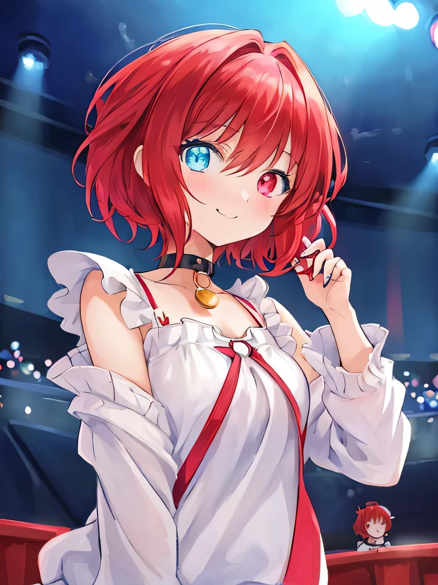 ((masterpiece)), ((best quality)), (ultra-detailed), ((kawaii)), cute, (lovely), illustration, anime style, upper body, upper body focus, a cute girl, solo, 1girl, Live performance venue, During rehearsal, Japanese anime illustration with pale colors, fiery red spiky hair a little longer than shoulder length, with the tips casually fluttering. (Heterochromatic eyes:1.5 left eye red and right eye blue). Hollow-looking eyes (dark eye colors). Red, shoulder-revealing sweater. A with a bored-looking mouth. Black choker with a keyhole around her neck. sweater with red shoulders, girl, smiling, choker with black keyhole around neck, (red hair), short hair, Relaxed atmosphere.