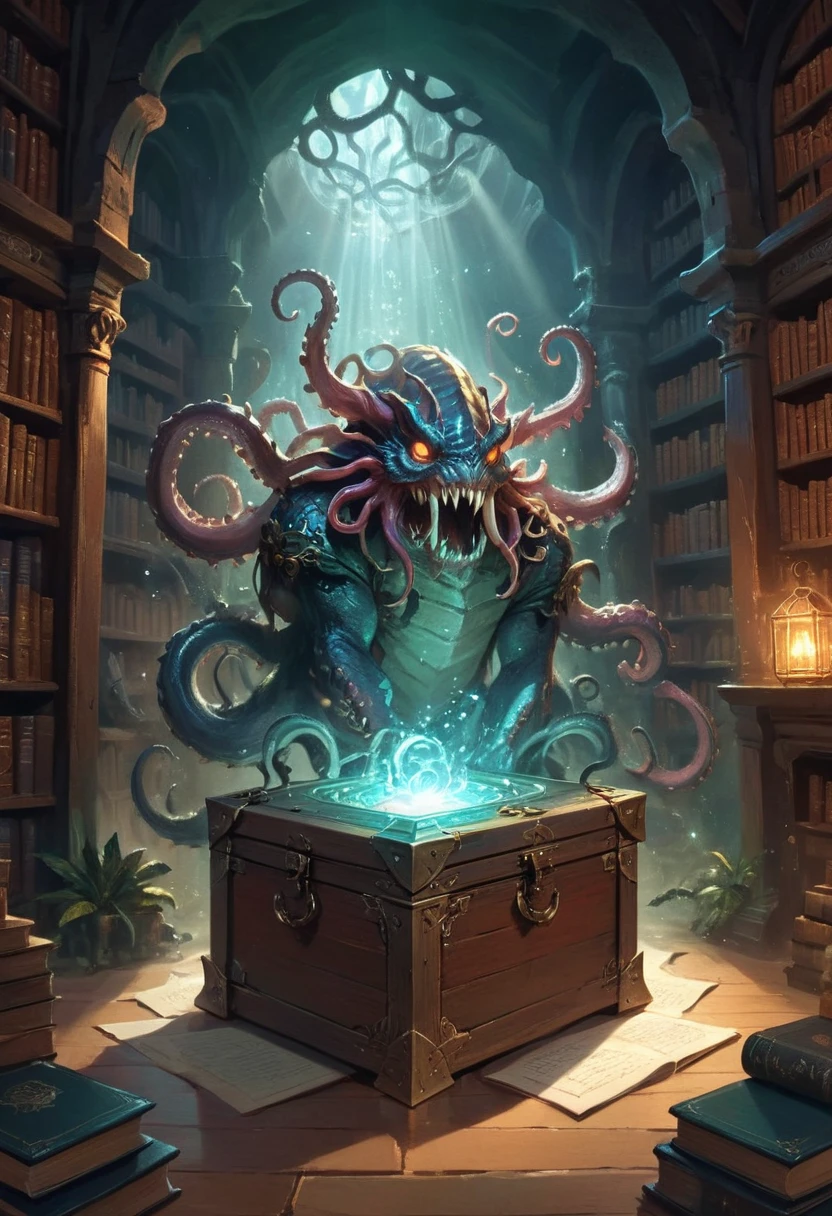 Treasure Box Monster Mimic from D&D, The screen mainly depicts an open iron treasure chest in a magical library, with tentacles extending from the chest. Behind it is a bookshelf filled with books, giving a mysterious and tense effect, cinematic still, emotional, vignette, dynamic, vivid, (masterpiece, best quality, Professional, perfect composition, very aesthetic, absurdres, ultra-detailed, intricate details:1.3)