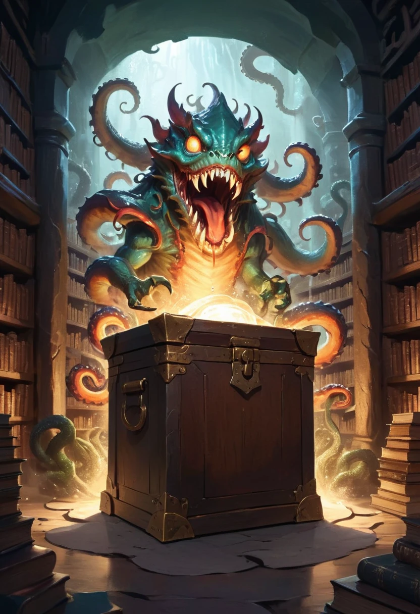 Treasure Box Monster Mimic from D&D, The screen mainly depicts an open iron treasure chest in a magical library, with tentacles extending from the chest. Behind it is a bookshelf filled with books, giving a mysterious and tense effect, cinematic still, emotional, vignette, dynamic, vivid, (masterpiece, best quality, Professional, perfect composition, very aesthetic, absurdres, ultra-detailed, intricate details:1.3)