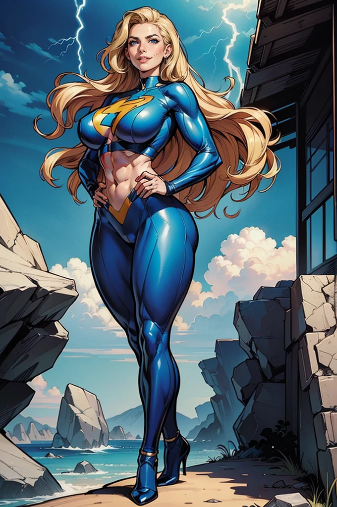 Unmatched masterpiece, ultra realista 8k CG, obra de arte perfeita, (1girl: 1.1), solo, ((figura feminina perfeita)), personagem de corpo inteiro olhando para o espectador, there are clouds with lightning and stones in the background, mulher madura, bimbo (A blonde long hair woman with full-body, cabelos longos, (provocando), melhor qualidade:1.1, Dynamic Heroic Pose, She has hands with lightning powers, pose sexy, sedutora, (bonita), (curvilinear), (grossa), cabelo ruivo, (olhos azuis :1.2), yellow and lilac uniform in the style of Marvel Comics, j. Scott Campbell, invisible woman, j. Scott Campbell, personagem de quadrinhos, arte em quadrinhos, arte estilo quadrinhos, pernas torneadas, fit, (abs:1.1), (bumbum grande:1.4), peach ass, (seios fartos:1.3, (big_breasts: 1.1), quadris largos: 1.5, cintura estreita, cintura fina: 1.5, corpo esguio: 1.2, coxas grossas: 1.ele brilhante: 1.2), (hdr), (rua: 1.2), filme Nikon D850 fotografia Kodak Portra Lente f1.400 camera 6, cores ricas, textura realista, lighting dramatic, mecanismo irreal, trending on ArtStation, de Gerald Brom, de Frank Frazetta, de Luis Royo, de Julie Bell, de Boris Vallejo