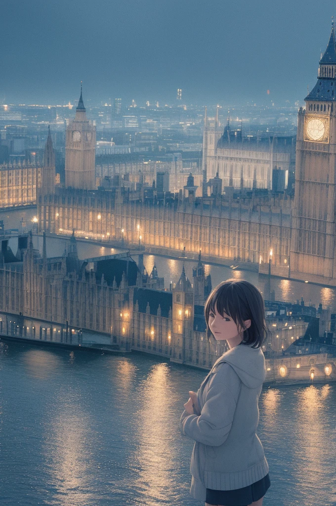 wide shot,masterpiece , best quality , detailed,rain, night, london, city, one girl.