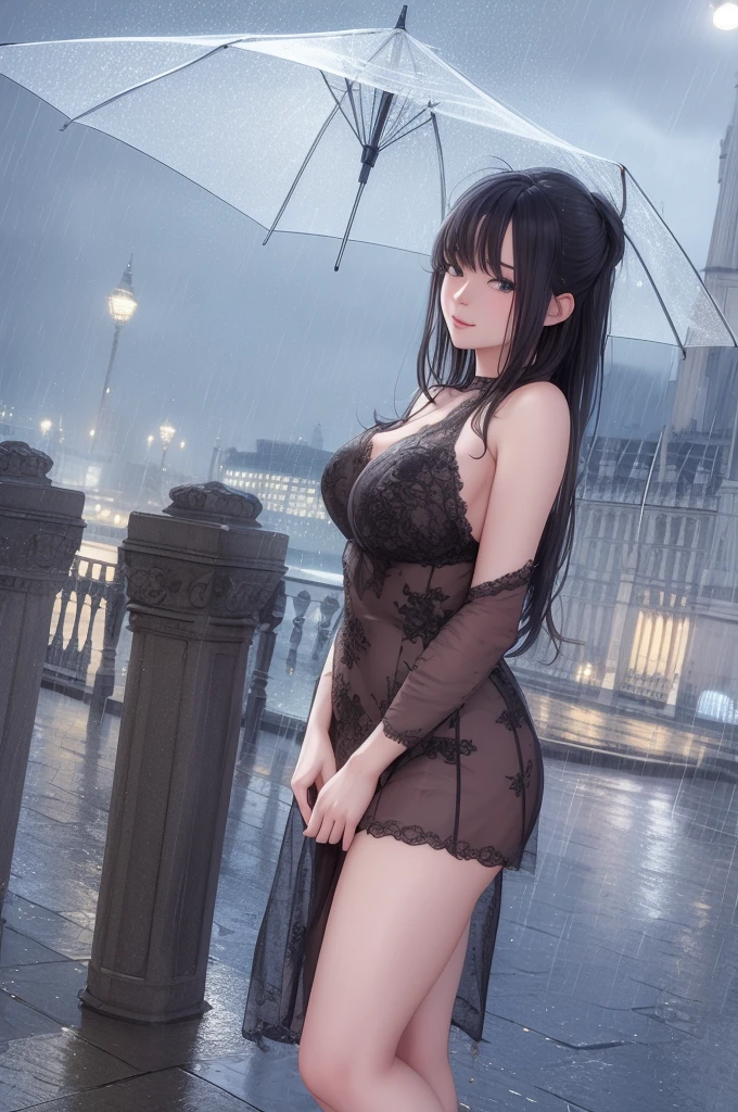 wide shot,masterpiece , best quality , detailed,rain, night, london, city, one girl.