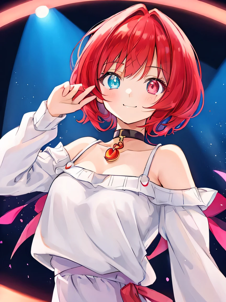 ((masterpiece)), ((best quality)), (ultra-detailed), ((kawaii)), cute, (lovely), illustration, anime style, upper body, upper body focus, a cute girl, solo, 1girl, Live performance venue, During rehearsal, Japanese anime illustration with pale colors, fiery red spiky hair a little longer than shoulder length, with the tips casually fluttering. (Heterochromatic eyes:1.5 left eye red and right eye blue). Hollow-looking eyes (dark eye colors). Red, shoulder-revealing sweater. A 15-year-old girl with a bored-looking mouth. Black choker with a keyhole around her neck. sweater with red shoulders, girl, smiling, choker with black keyhole around neck, (red hair), short hair, Relaxed atmosphere.