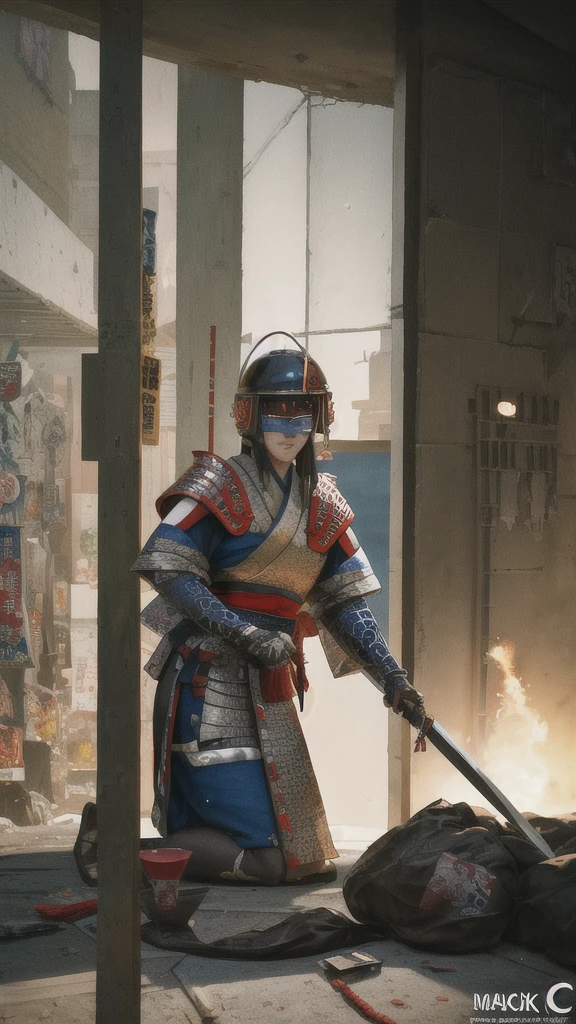 Hyperrealistic version of a woman kneeling down with a sword in her hand, very beautiful cyberpunk samurai, anime cyberpunk art, cyberpunk samurai, cyberpunk anime art, anime cyberpunk, cgsociety 9, digital cyberpunk anime art, style of maciej kuciara.1girl, samurai armor, helmet oni evil mask,intricate, ornaments detailed, cold colors, metal, egypician detail, highly intricate details, realistic light, trending on cgsociety, glowing eyes, facing camera, neon details, ultra realistic details, portrait full body, japanese atmosphere, global illumination, shadows, octane render, 8k, ultra sharp.cool lolita.