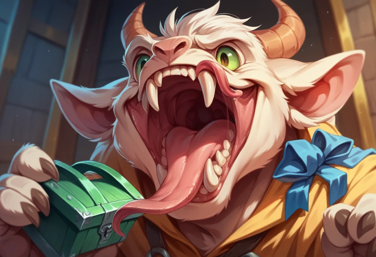 Treasure Box Monster,Big Mouth,Fangs,Long tongue,rich and colorful,Depth of Field,OC Renderer,light,very good,Very detailed,complicated,Viewing angle,CG art