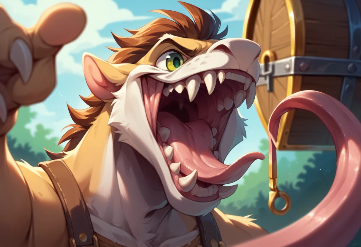 Treasure Box Monster,Big Mouth,Fangs,Long tongue,rich and colorful,Depth of Field,OC Renderer,light,very good,Very detailed,complicated,Viewing angle,CG art