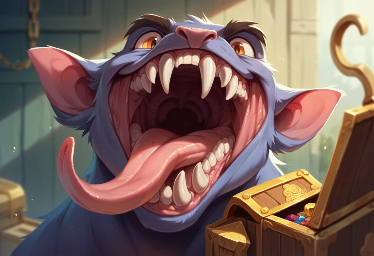 Treasure Box Monster，Big Mouth，Fangs，Long tongue，rich and colorful，Depth of Field，OC Renderer，light，very good，Very detailed，complicated，Viewing angle，CG art