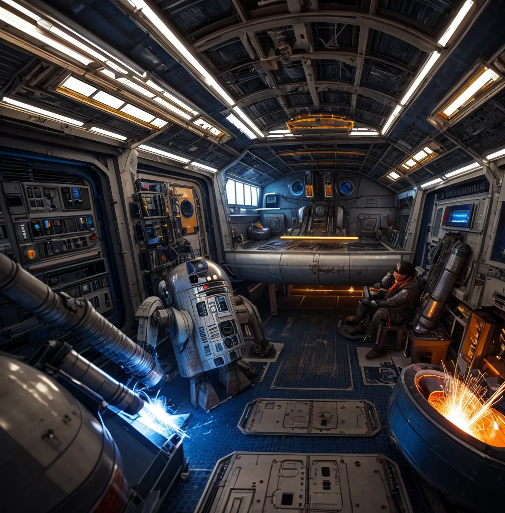 A team of meticulously programmed repair droids meticulously mend the battered hull of a starship in the bustling drydock of a space station. The sleek metallic bodies of the droids contrast sharply with the scuffed, utilitarian exterior of the ship. This stunning digital painting captures the intricate details of the scene, from the glowing welding sparks to the intricate patterns of the droids' circuitry. The vivid colors and expert shading create a sense of depth and realism that draws the viewer into the sci-fi world of space engineering.