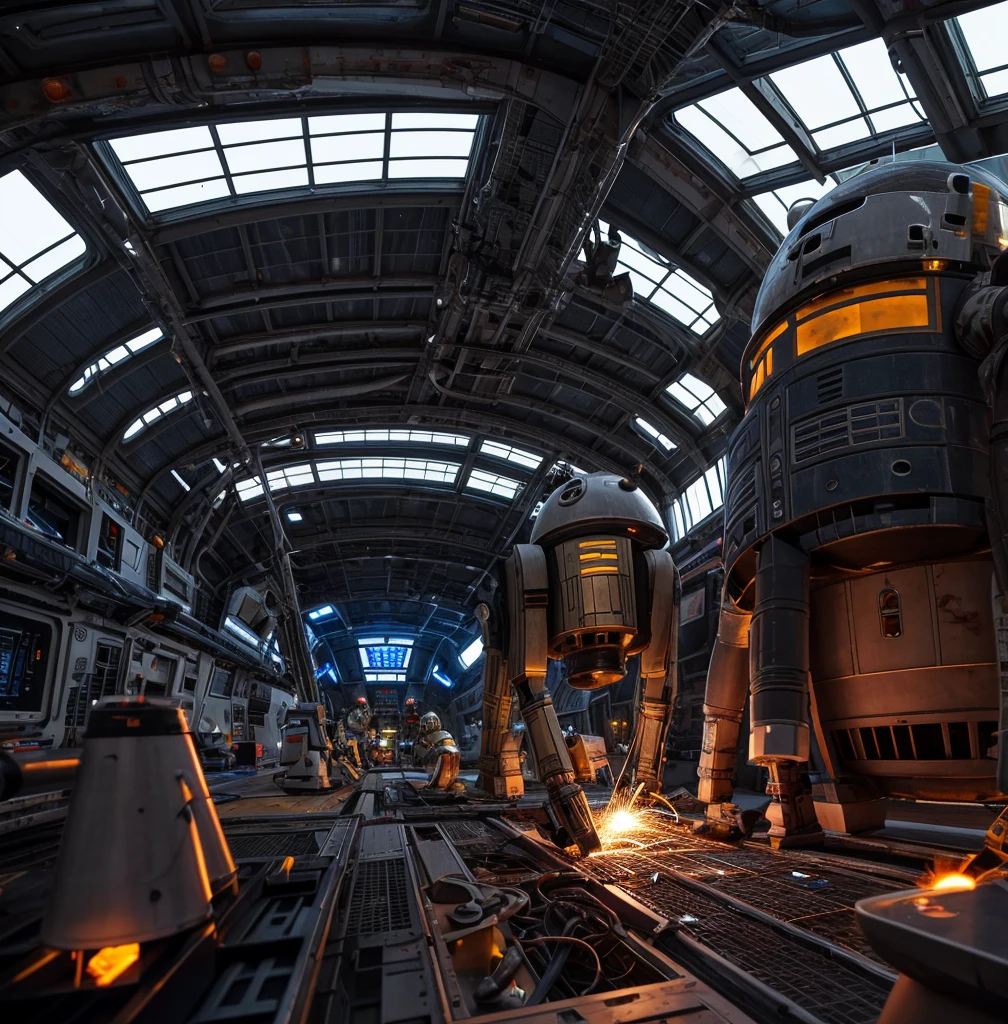 A team of meticulously programmed repair droids meticulously mend the battered hull of a starship in the bustling drydock of a space station. The sleek metallic bodies of the droids contrast sharply with the scuffed, utilitarian exterior of the ship. This stunning digital painting captures the intricate details of the scene, from the glowing welding sparks to the intricate patterns of the droids' circuitry. The vivid colors and expert shading create a sense of depth and realism that draws the viewer into the sci-fi world of space engineering.