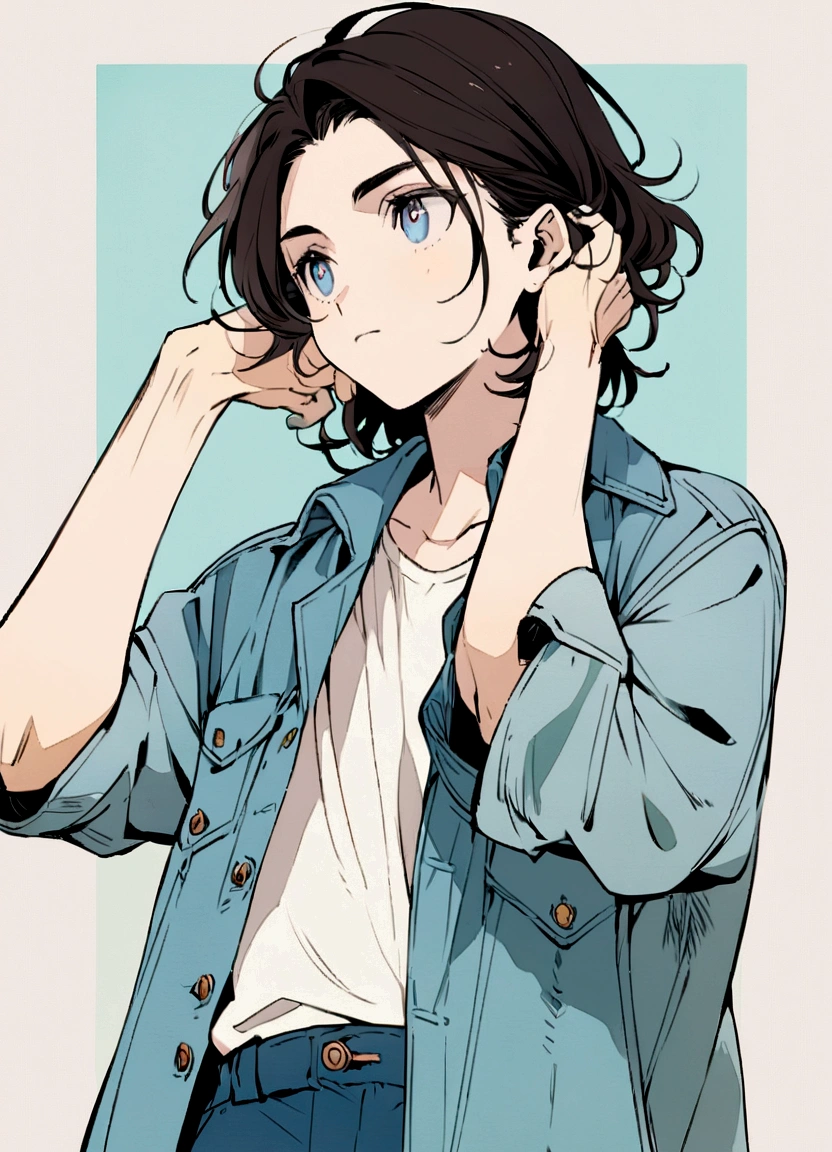 Create an anime-style illustration of a boy with medium-length dark hair styled in a neat, side-parted way. He should be wearing an oversized blue denim jacket. The boy's expression should be one of curiosity, with one eyebrow raised and his hand scratching his head. The background should be a plain, light grayish-blue color to keep the focus on the character. Ensure the drawing has a clean, detailed, and slightly pastel color palette to match the aesthetic of modern anime illustrations.