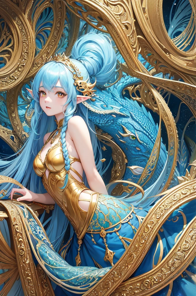 (masterpiece, top quality, best quality, official art, beautiful and aesthetic:1.2), (1girl), extreme detailed,(fractal art:1.3),colorful,highest detailed, cute young girl, light blue hair, long hair, small braids hair, yellow eyes, elf ears, dragon tail, dragon thorn, muscular body, small breast, light blue dress
