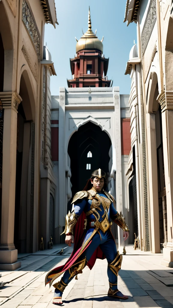 Photorealistic images of Indonesia's Acehnese superheroes, their sleek, Renaissance-inspired costumes, decorated with intricate traditional Acehnese patterns, look majestic against the backdrop of Aceh's Grand Mosque. The superhero surveys the bustling city of Aceh, his powerful wings shadowing the iconic buildings