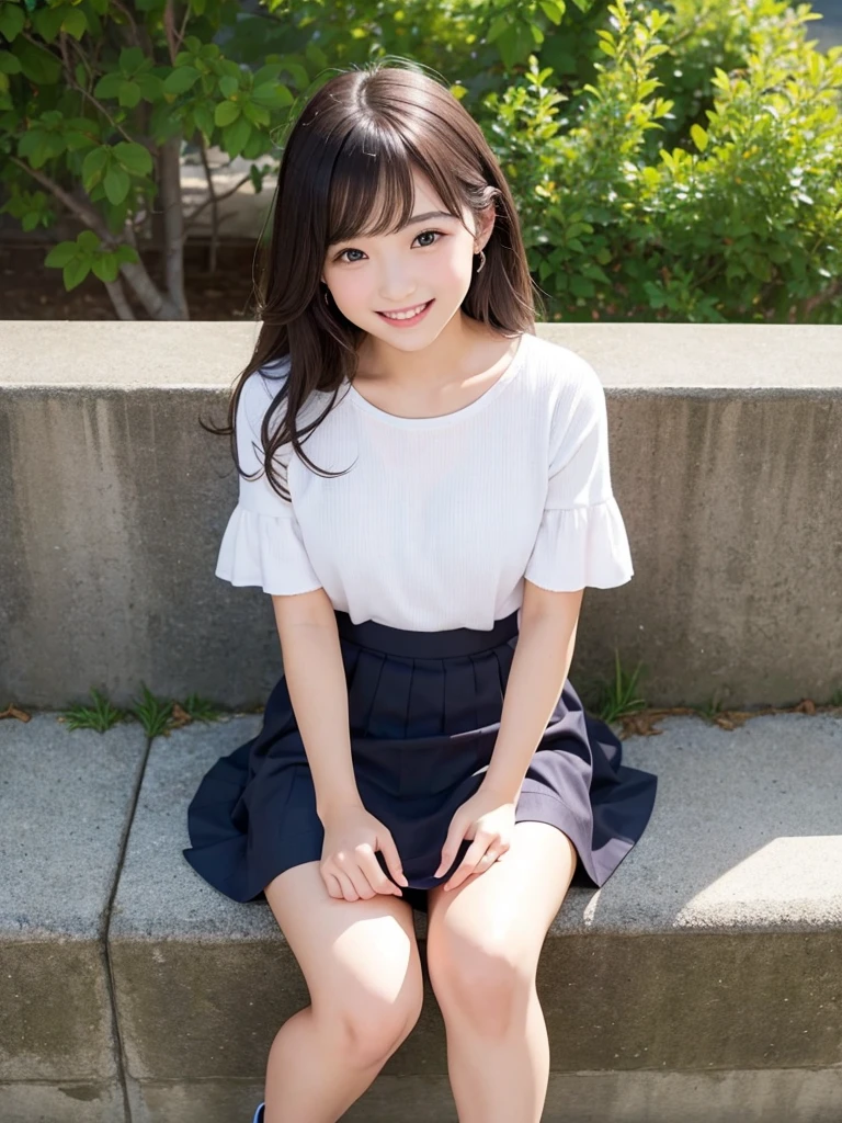 pretty girl、beautiful girl、Sitting、smile、mini skirt、from bellow