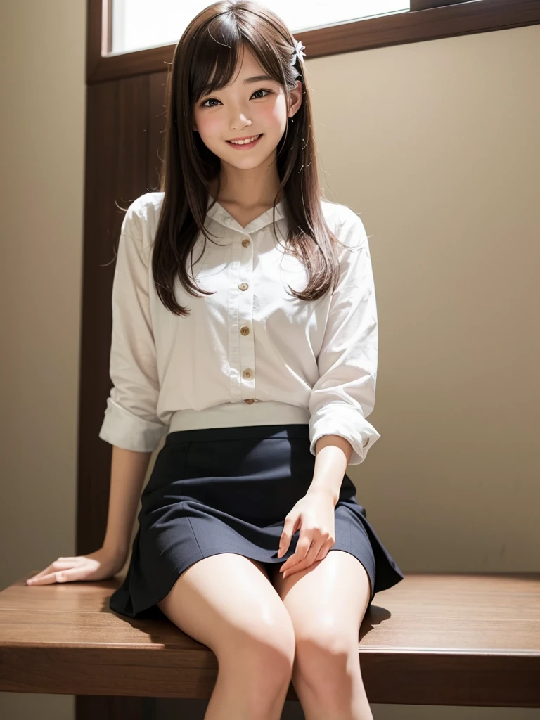 pretty girl、beautiful girl、Sitting、smile、mini skirt、from bellow