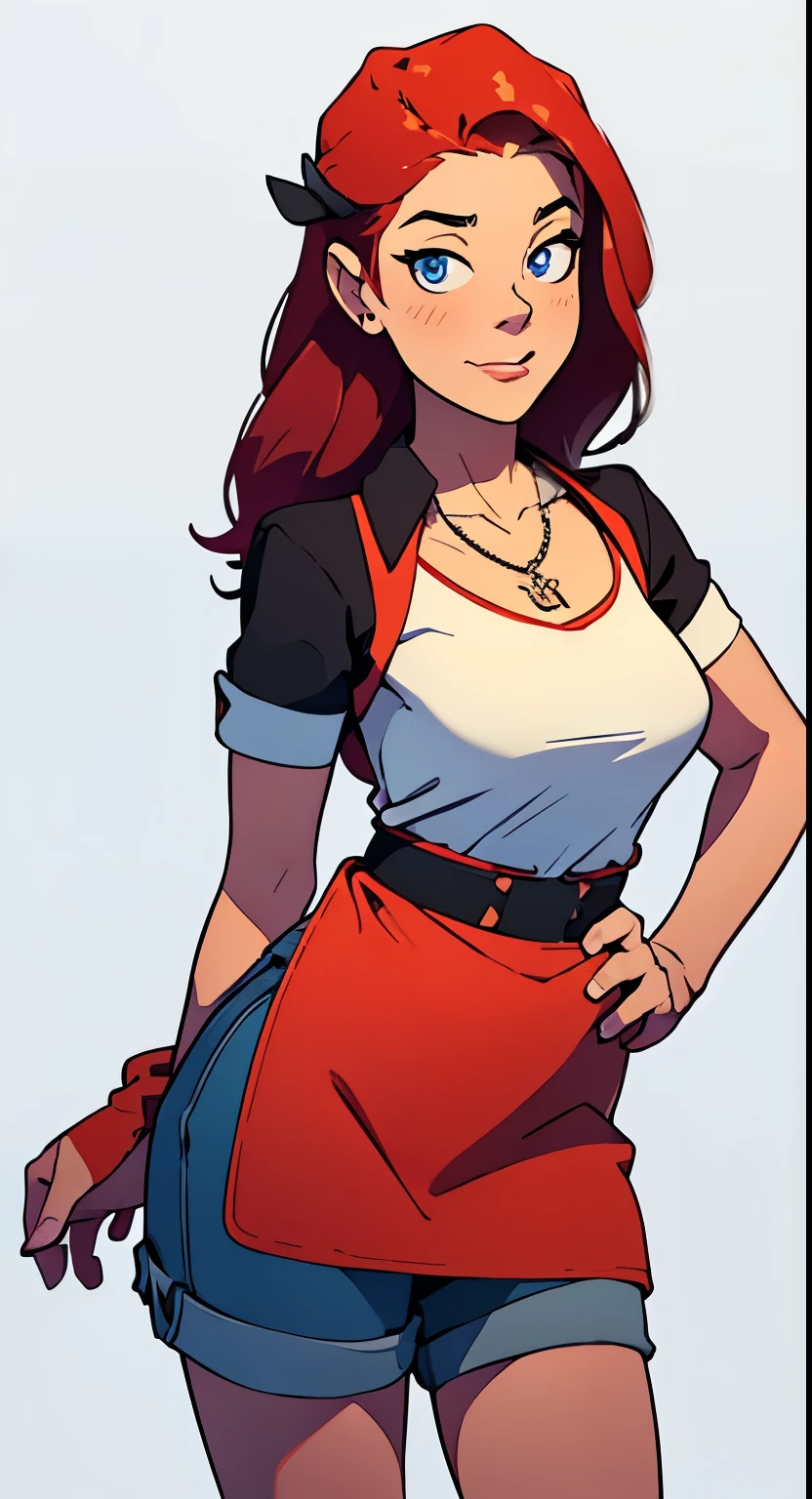 masterpiece, best quality, full body,1girl,the highest image quality, 21 year old girl, red hair, long hair, light blue eyes, tight white graphic t-shirt, waitress apron and denim shorts, wearing a black cord necklace, large breasts, White background, empty background whole body , neutral pose, happy expression