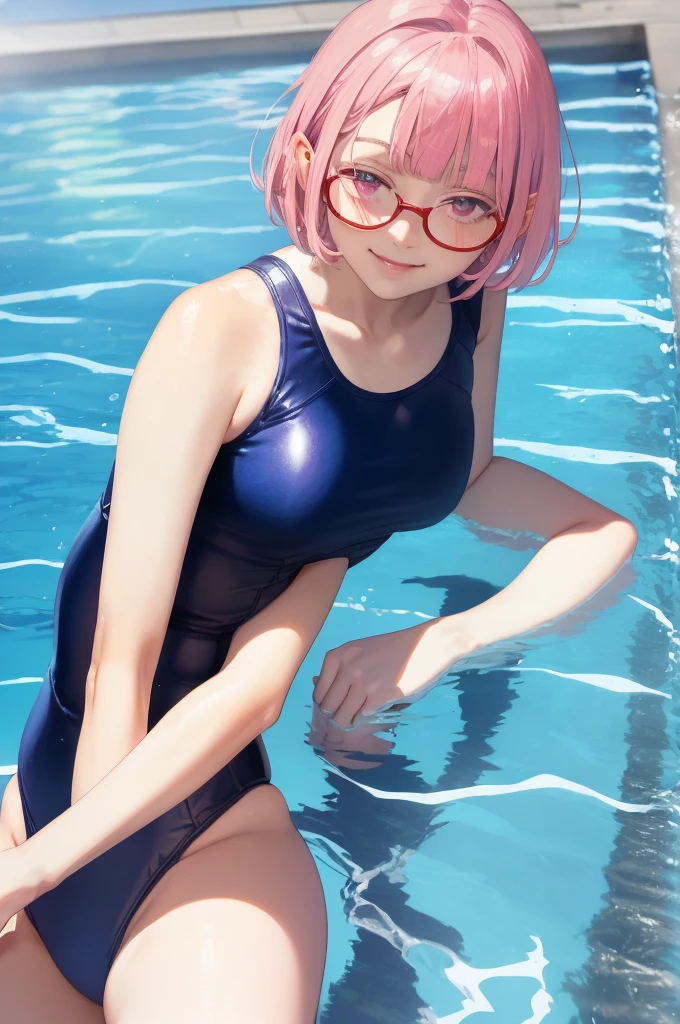 masterpiece、top-quality、Ultra Detail、, 1girl in,beautiful lighting、1girl with、((()))、(((a junior high school student)))、(((Beautiful Girl)))、(((School swim wear)))、(((School Swimsuit)))、(((medium breasts)))、ren、Beautie、Red glasses(((Red glasses)))、little blush、Young Face、(shiny lip:1.1)、(beautidful eyes:1.1)、fantastic hair、short-hair、bob cuts、Pink hair、Red glasses、Platinum pink eyes、elf-ears、Well-formed face、medium breasts、A smile、masutepiece、Best Quality、High resolution、Cowboy Shot、From Side、Pale skin staring at the viewer、Curve、Blunt bangs、lightsmile、Fingernails、Sunnyday、suns、Cloudless sky、(((swimming pools)))