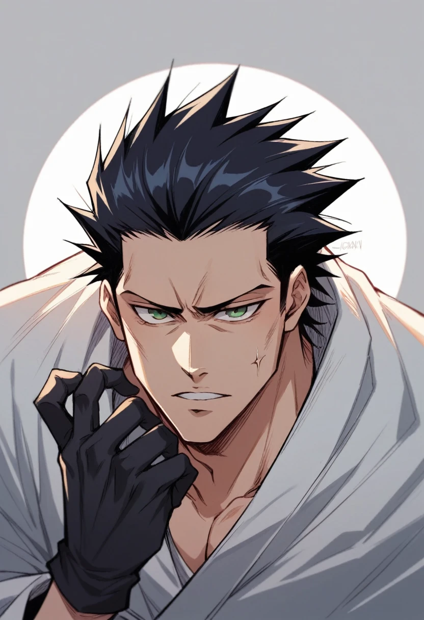 Masterpiece, Perfect face, expressive eyes,1boy, male focus, solo, black gloves, gloves, black hair, slicked back hair, clean hair, green eyes, Bleach style, Bleach