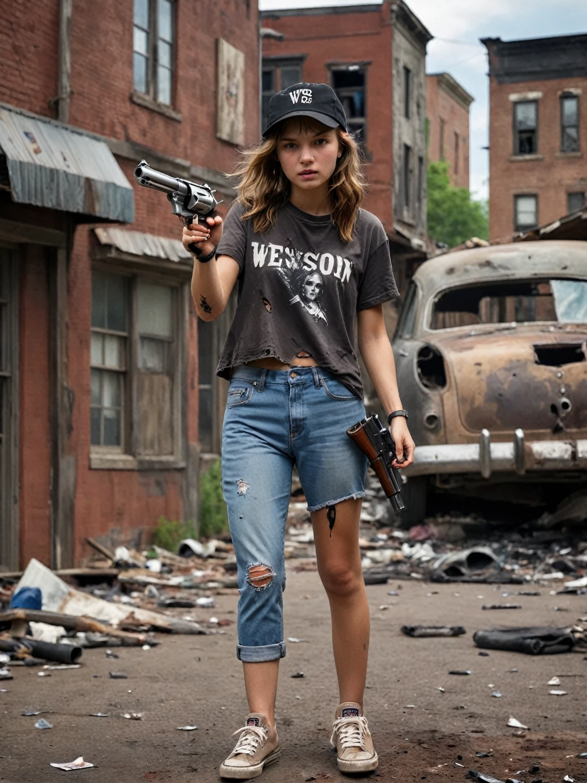 8k,realistic photo、realistic skin texture、A beautiful very young age girl living in the United States.y Hold a Wesson M442 compact revolver with your hand..、pointing forward ,,Dirty and torn large size.Tblack torn shirt 、 cap、Dirty Vans high-top sneakers、、A town in chaos、face、moving action pose、cool composition、tattoo