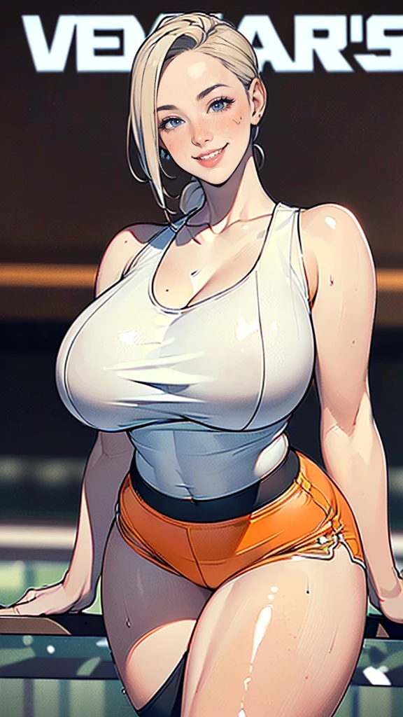 masterpiece,highest quality,Very detailed,High resolution,8k,wallpaper,Perfect lighting,break(One Woman),(Mature woman working as a waiter at a sports bar:1.5),(39 years old),(hooters),(((A very form fitting white tank top:1.5))),((The tank top has the logo of a sports bar on it.:1.5)),(((tiny orange shorts))),(((very pretty 1.5))),(Beautiful Eyes:1.5),(Detailed face drawing:1.5),(Detailed face drawing:1.5),((Very detailed:1.5)),(Shiny skin:1.2),(gigantic Breasts:1.5),(Thick thighs:1.5),(Sensual body:1.5),(Sports bar background:1.5),(((Blur the background:1.5))),((( smiling nervously:1.5))), a logo of a bar on her shirt,