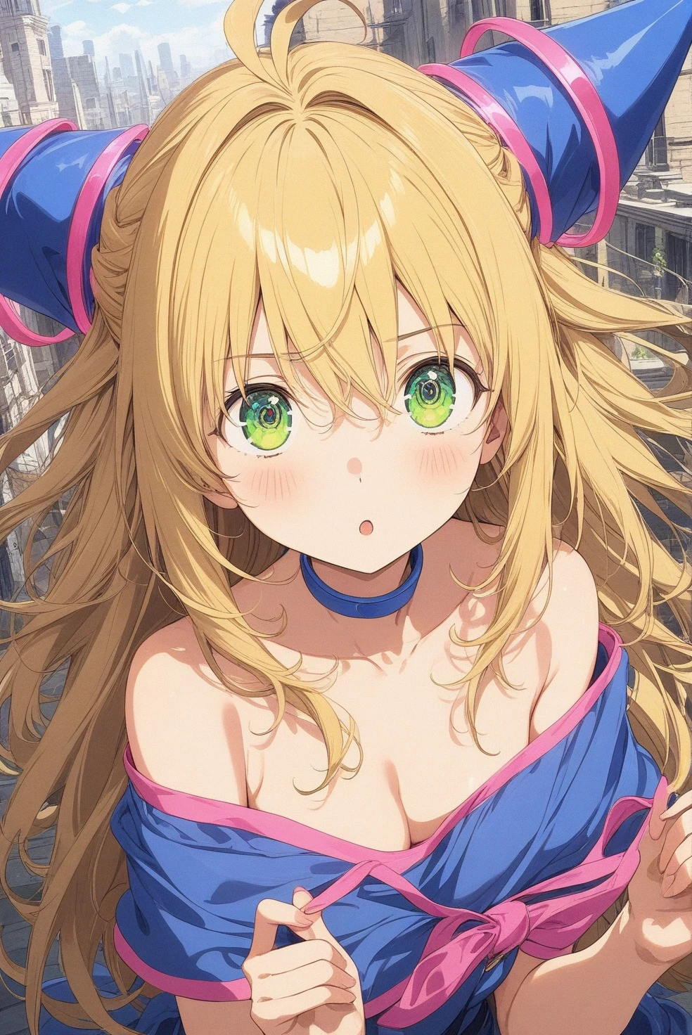 darkmagiciangirl, dark magician girl, blonde hair, choker, (green eyes:1.5), long hair, BREAK bare shoulders, blue footwear, blush, blush stickers, cleavage, collarbone, duel monster, hat, off shoulder, pentacle, wizard hat, (blue clothes:1.5), BREAK looking at viewer, BREAK outdoors, city, BREAK (masterpiece:1.2), best quality, high resolution, unity 8k wallpaper, (illustration:0.8), (beautiful detailed eyes:1.6), extremely detailed face, perfect lighting, extremely detailed CG, (perfect hands, perfect anatomy),