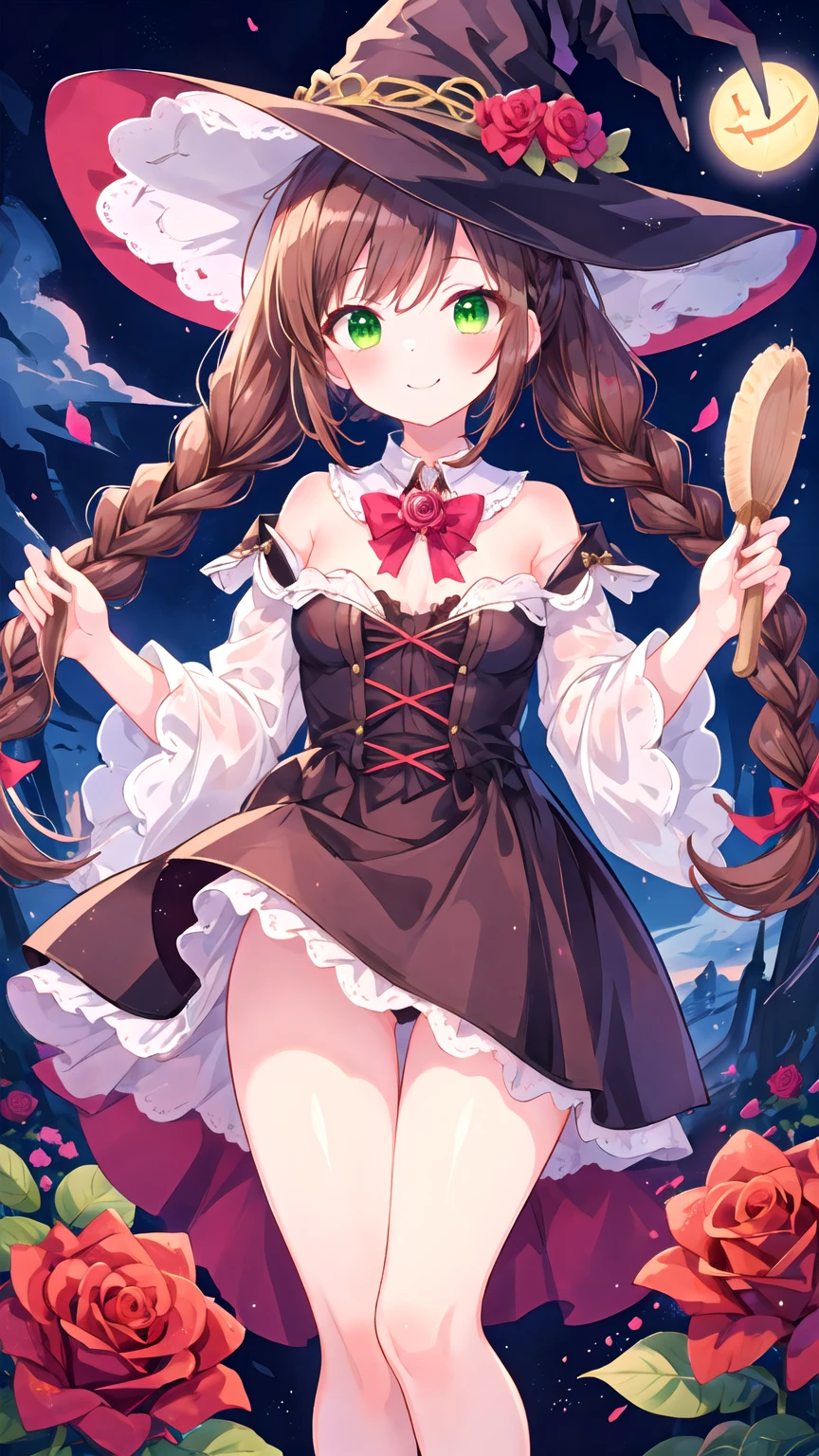 masterpiece, Highest quality, Super detailed, figure, Rose，cute, girl, alone, smile, azalea, Witch Hat，mysterious，Brown Hair，Green Eyes，Braided twin tails，Witch&#39;s Clothes，Lolita Fashion，Simple Background