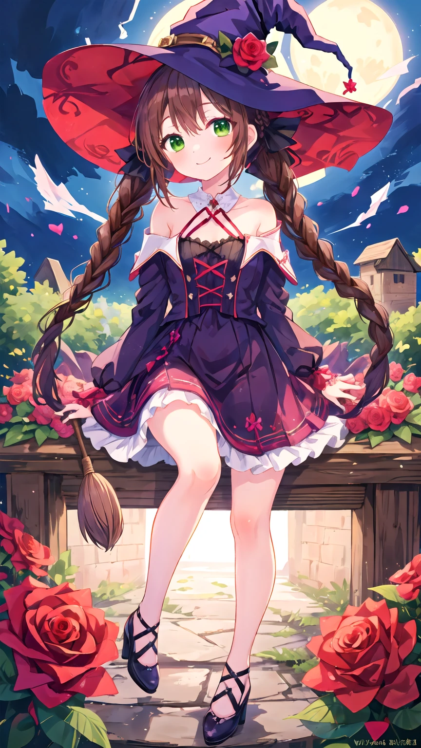 masterpiece, Highest quality, Super detailed, figure, Rose,cute, girl, alone, smile, azalea, Witch Hat,mysterious,Brown Hair,Green Eyes,Braided twin tails,Witch's Clothes,Lolita Fashion,Simple Background