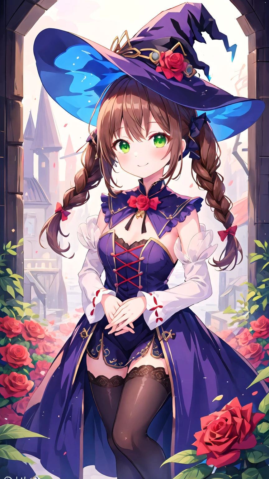 masterpiece, Highest quality, Super detailed, figure, Rose,cute, girl, alone, smile, azalea, Witch Hat,mysterious,Brown Hair,Green Eyes,Braided twin tails,Witch's Clothes,Lolita Fashion,Simple Background