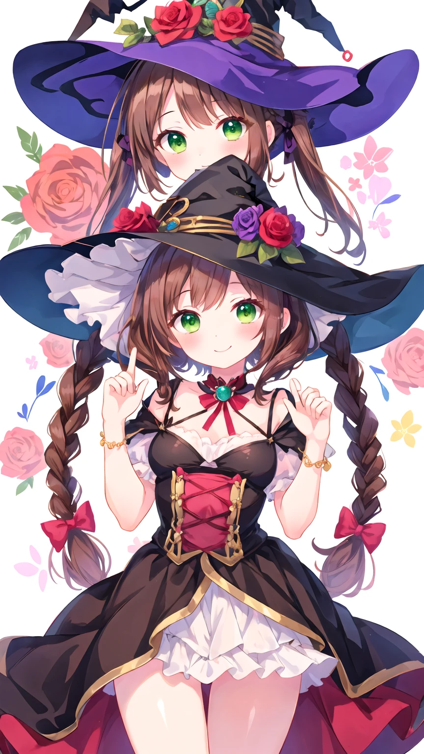 masterpiece, Highest quality, Super detailed, figure, Rose，cute, girl, alone, smile, azalea, Witch Hat，mysterious，Brown Hair，Green Eyes，Braided twin tails，Witch&#39;s Clothes，ta Fashion，Simple Background