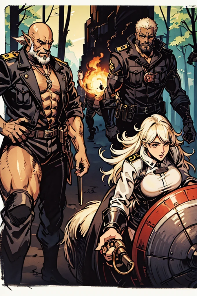 A muscular rebellious and wild black male werewolf monster (afro) bald and bearded man side by side with a beautiful exuberant and perfect young white woman, blonde haired ariana, very long detective, Policerman, investigator in uniform and armed traveling through a forest at night running courageously together facing the shadow monsters in an incredible hunt against the dangerous monster Wendigo