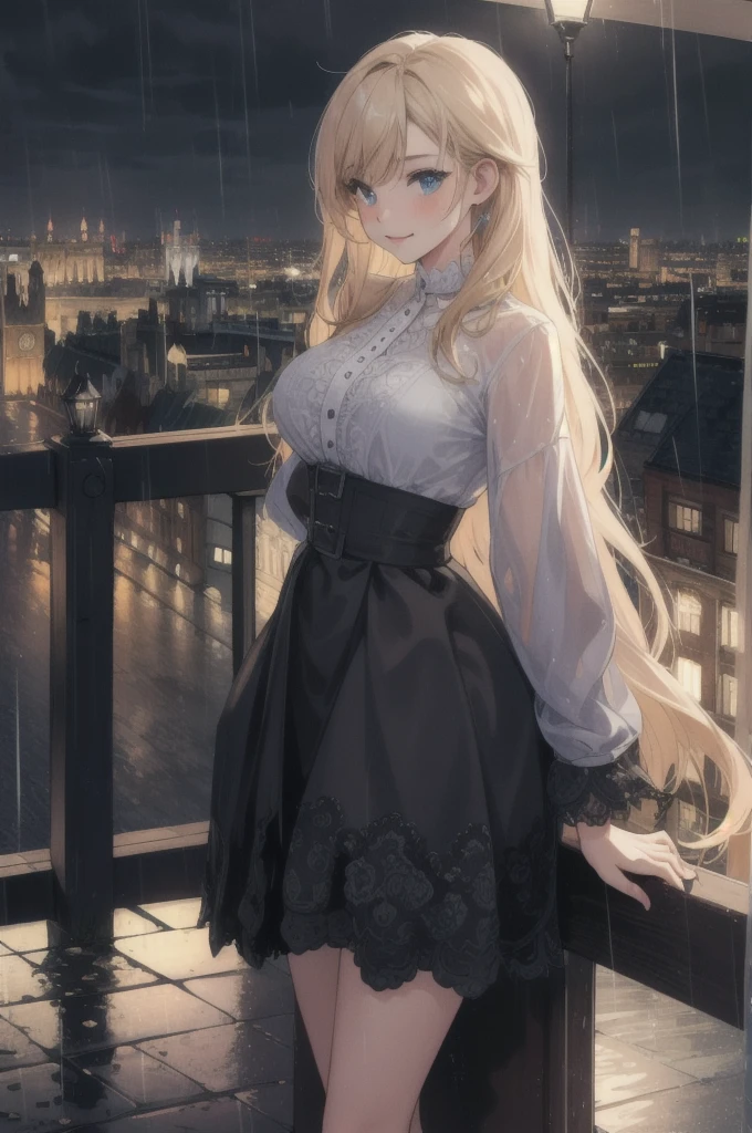 wide shot,masterpiece , best quality , detailed,rain, night, london, city, one sexy girl.