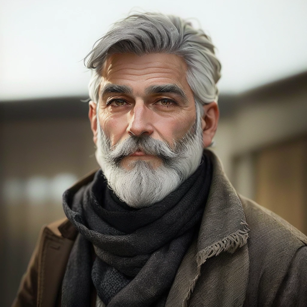 bushy man with beard and scarf, gray hair and beard, dark grey haired man, some grey hair in beard, short white beard, greybeard, silver hair and beard, he has a beard and graying hair, greybeard, well-groomed white beard and hair, white hair and beard, greybeard aparada, midle age man