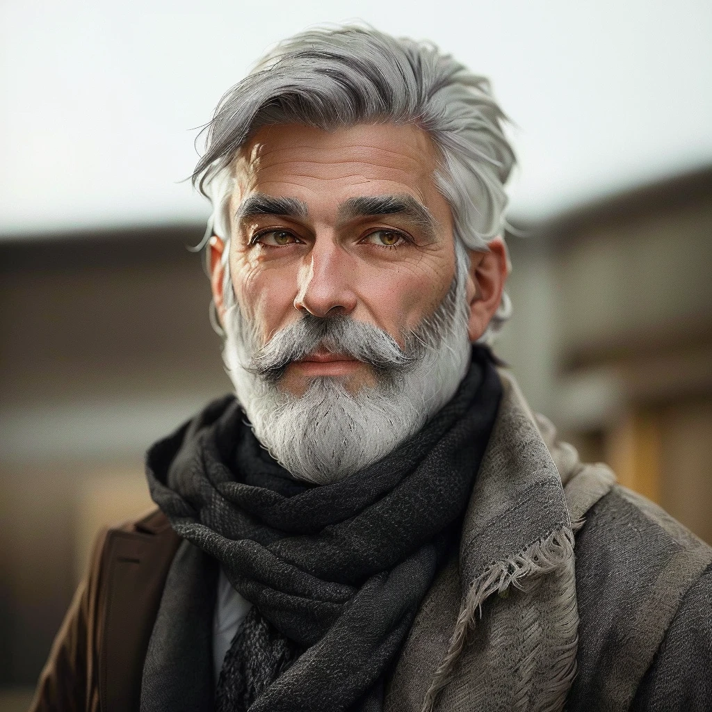 bushy man with beard and scarf, gray hair and beard, dark grey haired man, some grey hair in beard, short white beard, greybeard, silver hair and beard, he has a beard and graying hair, greybeard, well-groomed white beard and hair, white hair and beard, greybeard aparada, midle age man