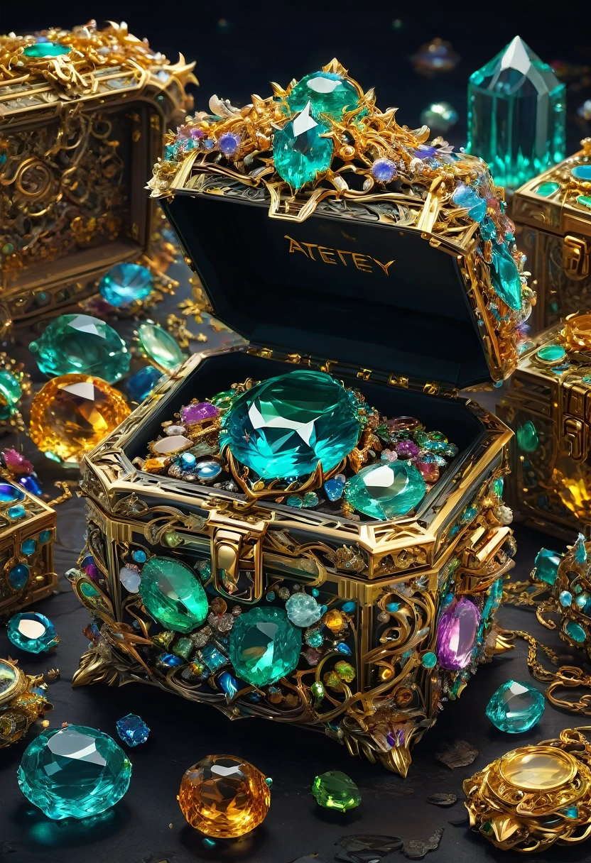 Mimic Treasure Box Monster. Scattered jewelry, by Atey Ghailan, best quality, masterpiece, very aesthetic, perfect composition, intricate details, ultra-detailed