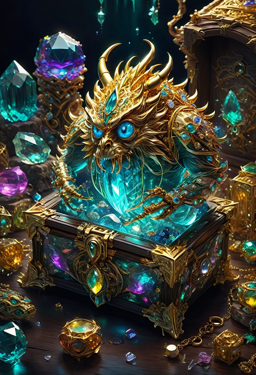 Mimic Treasure Box Monster. Scattered jewelry, by Atey Ghailan, best quality, masterpiece, very aesthetic, perfect composition, intricate details, ultra-detailed