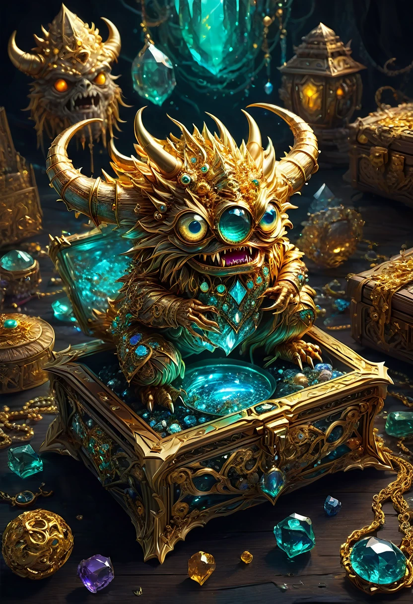 Mimic Treasure Box Monster. Scattered jewelry, by Atey Ghailan, best quality, masterpiece, very aesthetic, perfect composition, intricate details, ultra-detailed