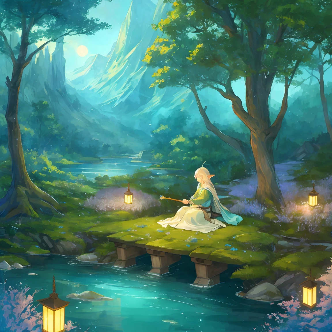 dynamic angle, top quality, best quality, High-quality illustrations, masterpiece, super high resolution, detailed background, detailed background, Create a serene and enchanting fantasy landscape inspired by Japanese isekai anime. The scene should feature a peaceful, magical meadow with sparkling, crystal-clear rivers flowing gently. Include mystical elements such as glowing flowers, floating lanterns, and ethereal creatures like fairies or small dragons. The sky should be a dreamy mix of pastel colors with a soft, golden glow from the setting sun. Include a couple of ancient, majestic trees with bioluminescent leaves swaying in a gentle breeze.
In the scene, add a few characters dressed in fantasy attire, such as a mage with a flowing robe and staff, a knight in shining armor, and an elf with elegant, nature-inspired clothing. These characters should be interacting peacefully with the environment, perhaps sitting by the river, exploring the meadow, or conversing under the trees. The overall color palette should be soothing, with soft gradients and a touch of magic. The scene should evoke a sense of wonder, tranquility, and relaxation, perfect for a thumbnail that invites viewers to escape into a calm and fantastical world.
