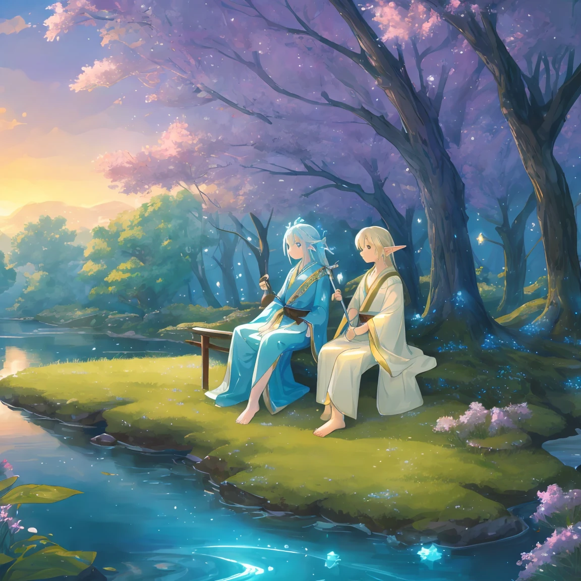 dynamic angle, top quality, best quality, High-quality illustrations, masterpiece, super high resolution, detailed background, detailed background, Create a serene and enchanting fantasy landscape inspired by Japanese isekai anime. The scene should feature a peaceful, magical meadow with sparkling, crystal-clear rivers flowing gently. Include mystical elements such as glowing flowers, floating lanterns, and ethereal creatures like fairies or small dragons. The sky should be a dreamy mix of pastel colors with a soft, golden glow from the setting sun. Include a couple of ancient, majestic trees with bioluminescent leaves swaying in a gentle breeze.

In the scene, add a few characters dressed in fantasy attire, such as a mage with a flowing robe and staff, a knight in shining armor, and an elf with elegant, nature-inspired clothing. These characters should be interacting peacefully with the environment, perhaps sitting by the river, exploring the meadow, or conversing under the trees. The overall color palette should be soothing, with soft gradients and a touch of magic. The scene should evoke a sense of wonder, tranquility, and relaxation, perfect for a thumbnail that invites viewers to escape into a calm and fantastical world.