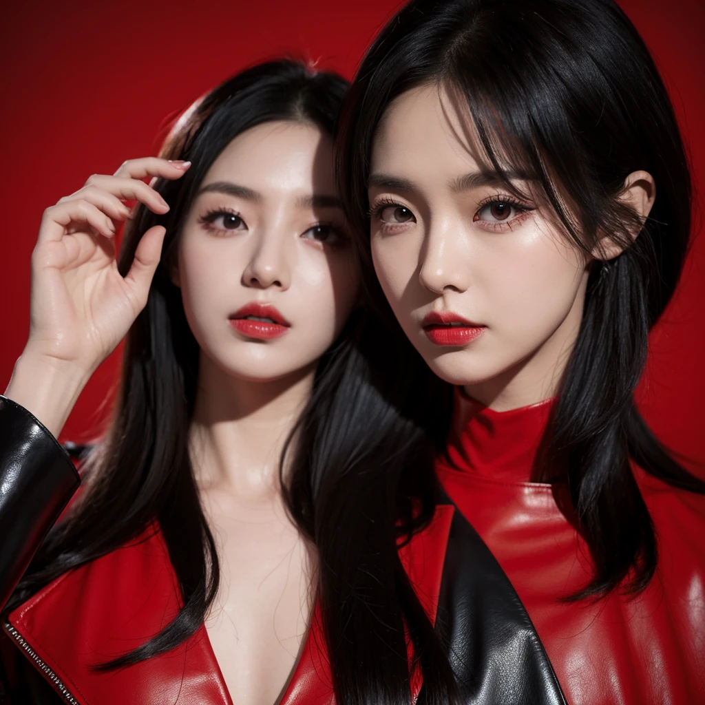 Kpop 1 idol concept picture for dark concept. Black hair, red and black leather outfit, black crown. Red background.