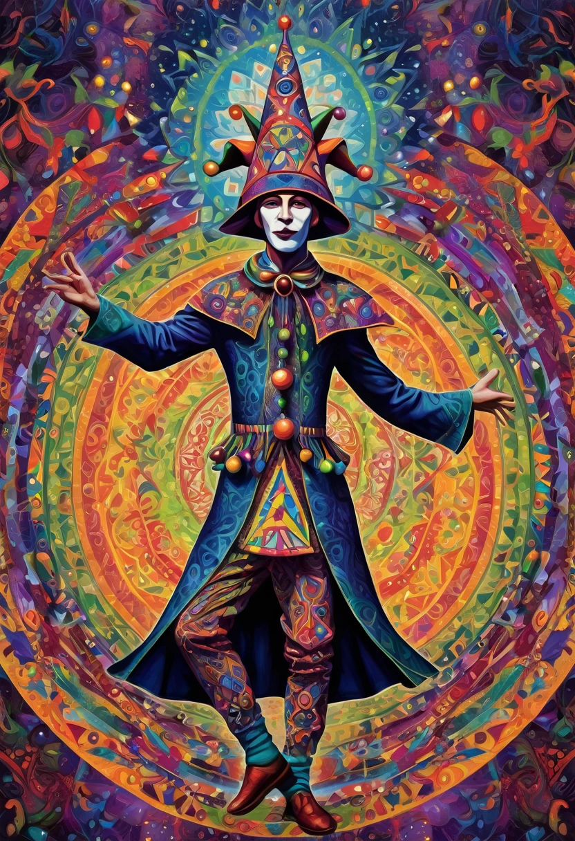 a jester wearing his 6 pointed cap and bells hat and dancing, colorful, surreal, psychedelic, center, detailed, geometric patterns, visionary art, shamanic, dark colors